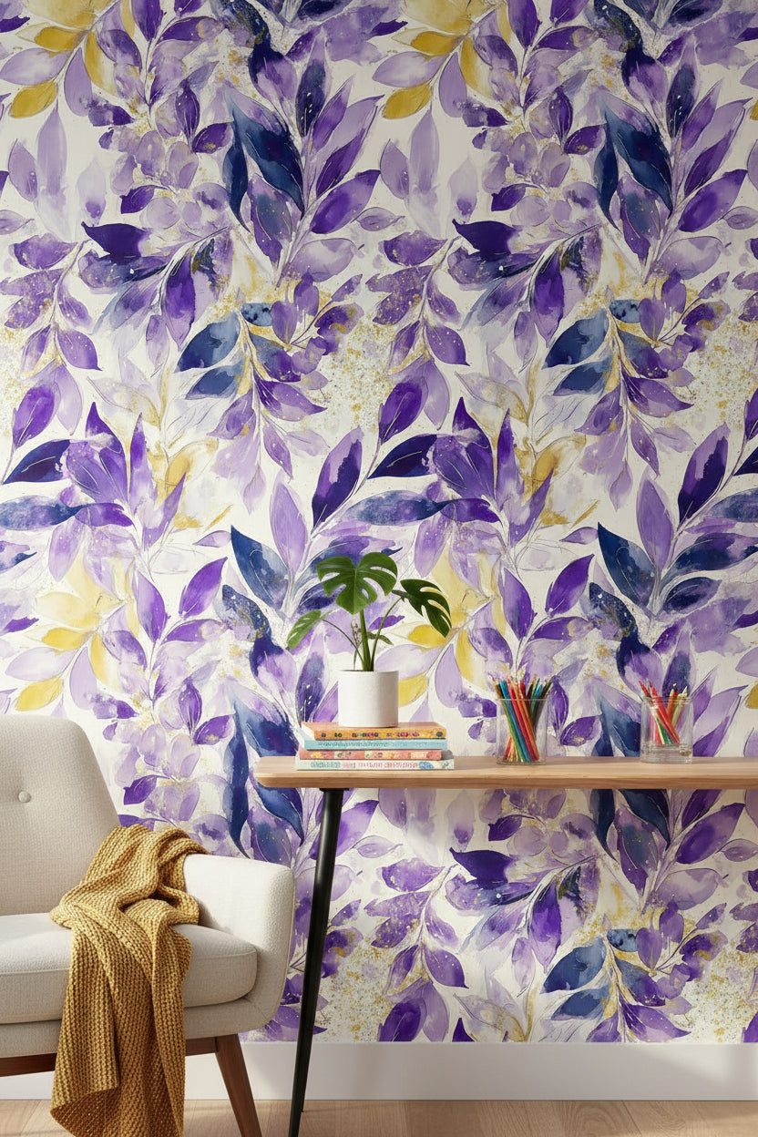 Vibrant Purple and Yellow Leaf Botanical Wallpaper