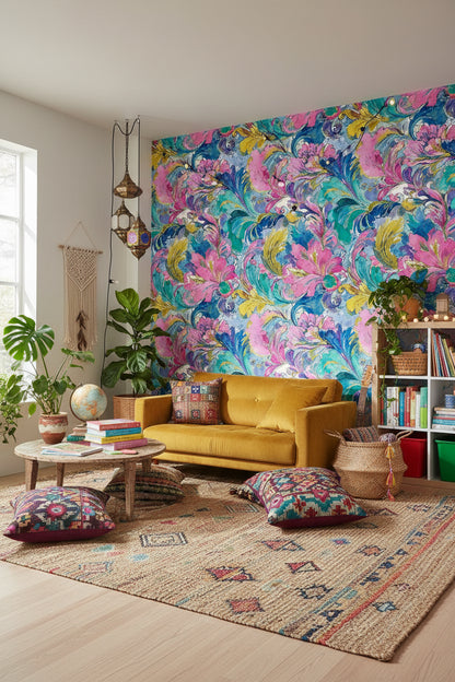 Vibrant Multicolor Large Floral Swirl Wallpaper