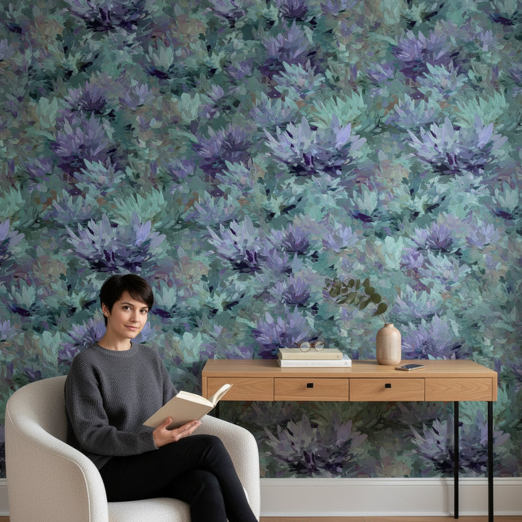 Abstract Wallpaper Floral Removable Purple Wall Double Roll