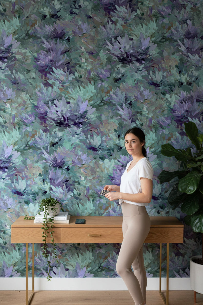 Abstract Wallpaper Floral Removable Purple Wall Double Roll