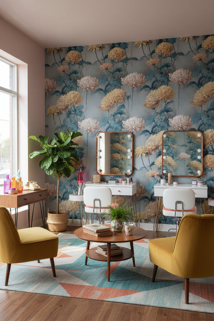 Vintage Blue and Yellow Chrysanthemum Floral Wallpaper