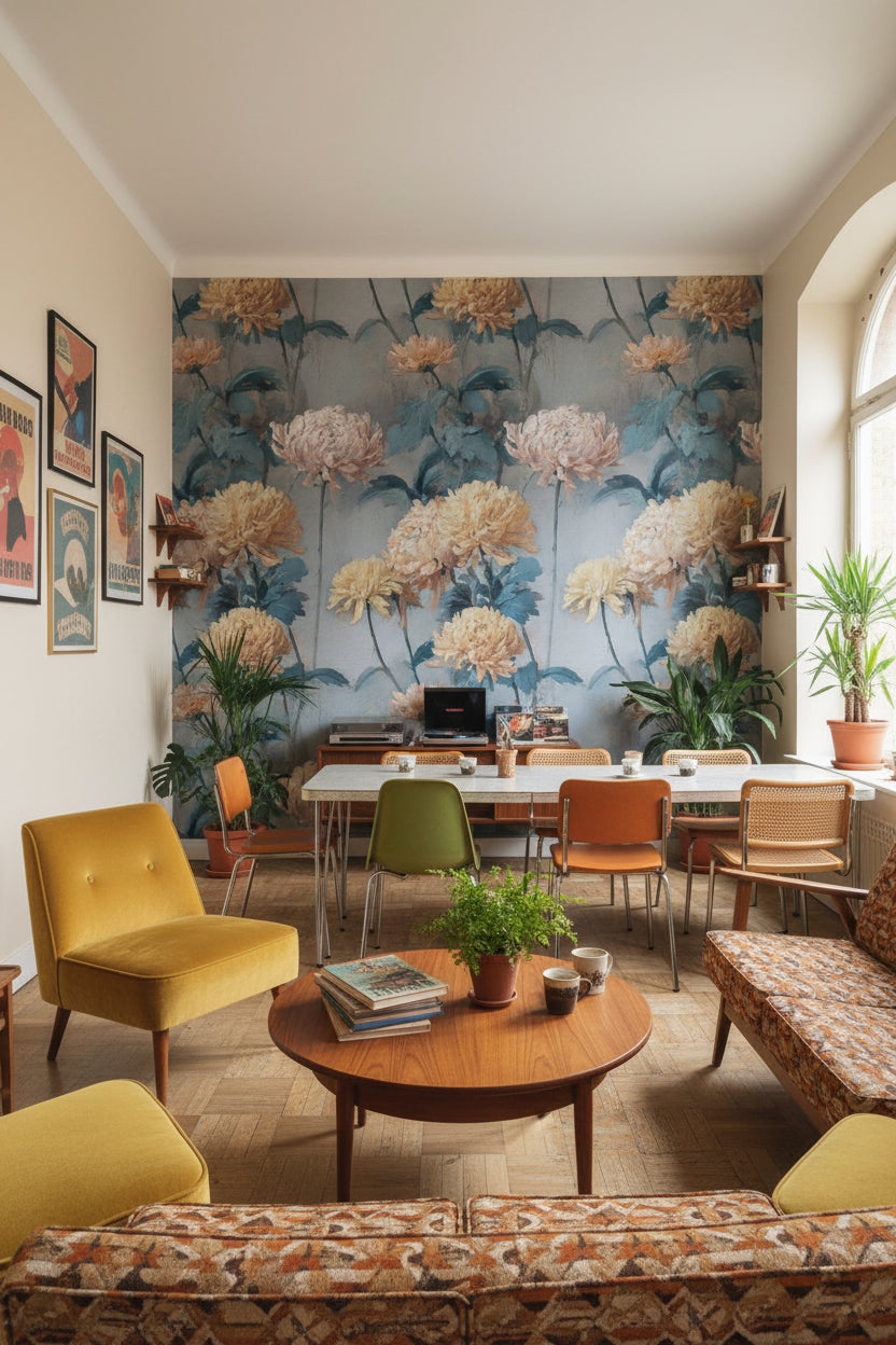 Vintage Blue and Yellow Chrysanthemum Floral Wallpaper