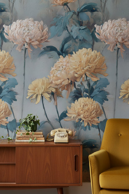 Vintage Blue and Yellow Chrysanthemum Floral Wallpaper