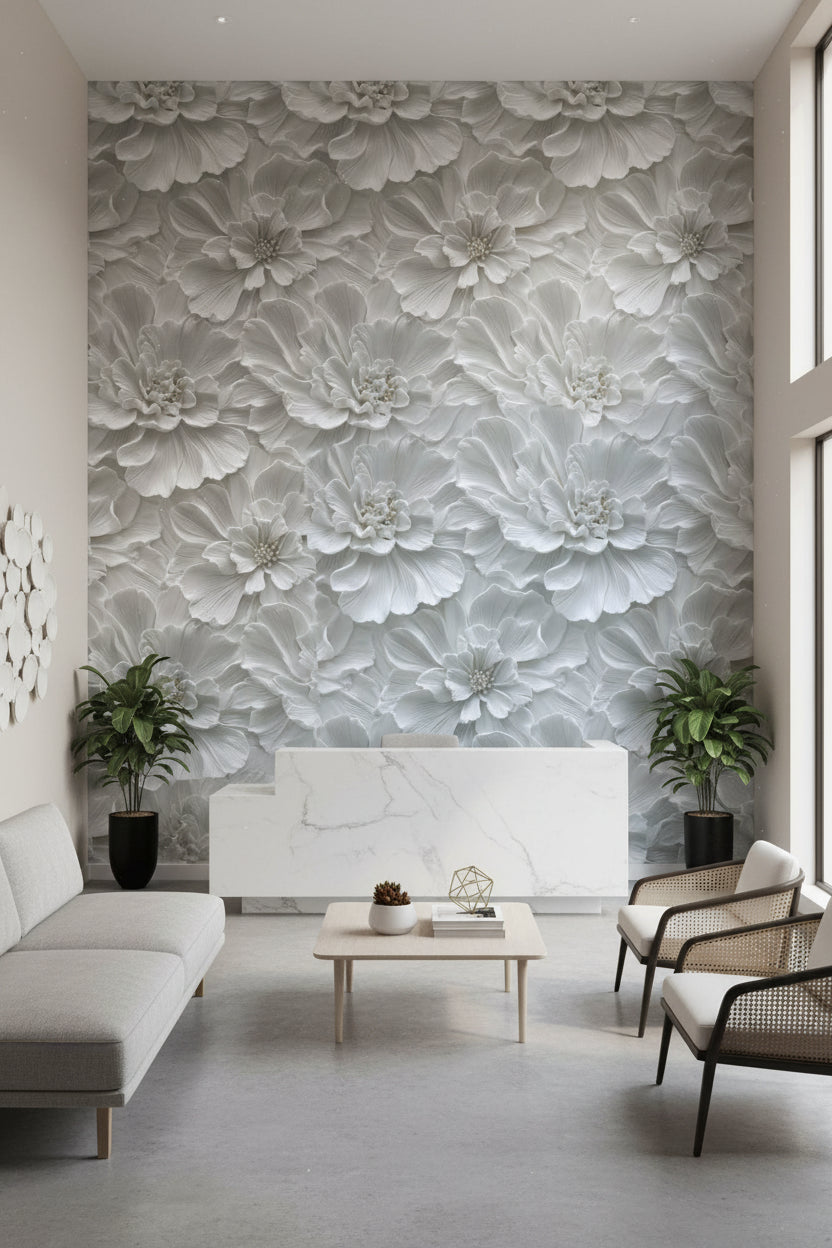 Ivory White Large Floral Texture Wallpaper
