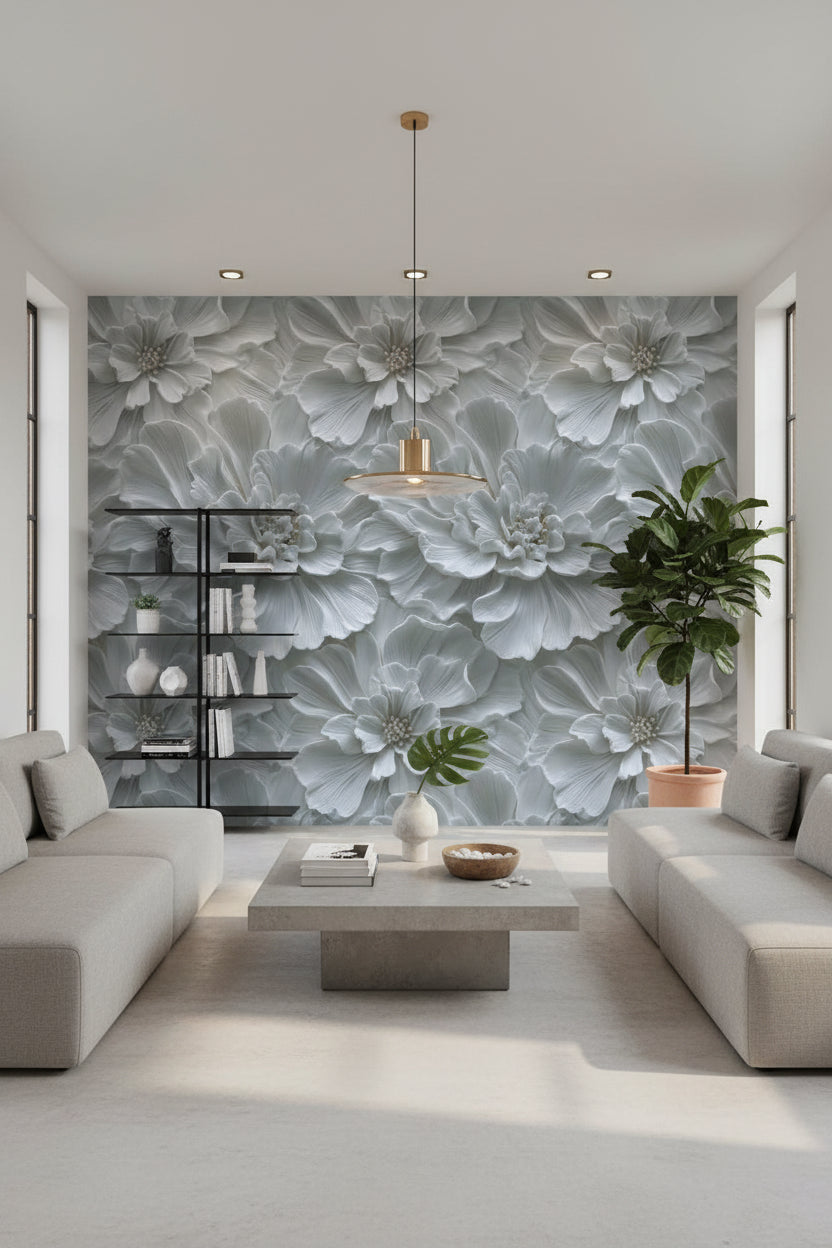 Ivory White Large Floral Texture Wallpaper