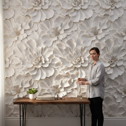 Ivory White Large Floral Texture Wallpaper