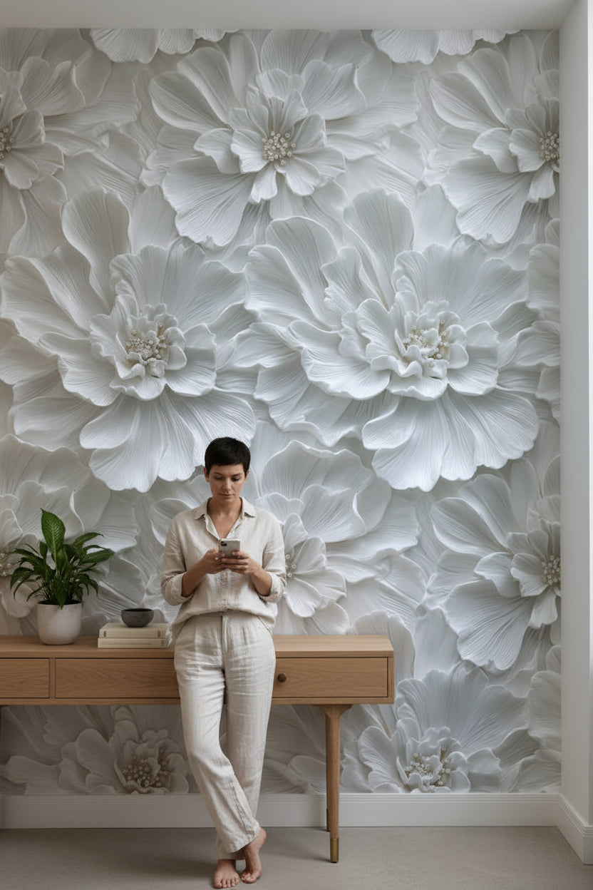 Ivory White Large Floral Texture Wallpaper