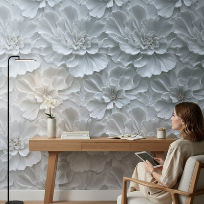 Ivory White Large Floral Texture Wallpaper