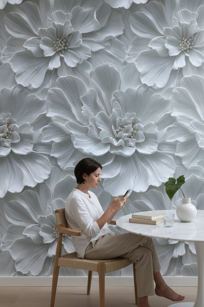 Ivory White Large Floral Texture Wallpaper