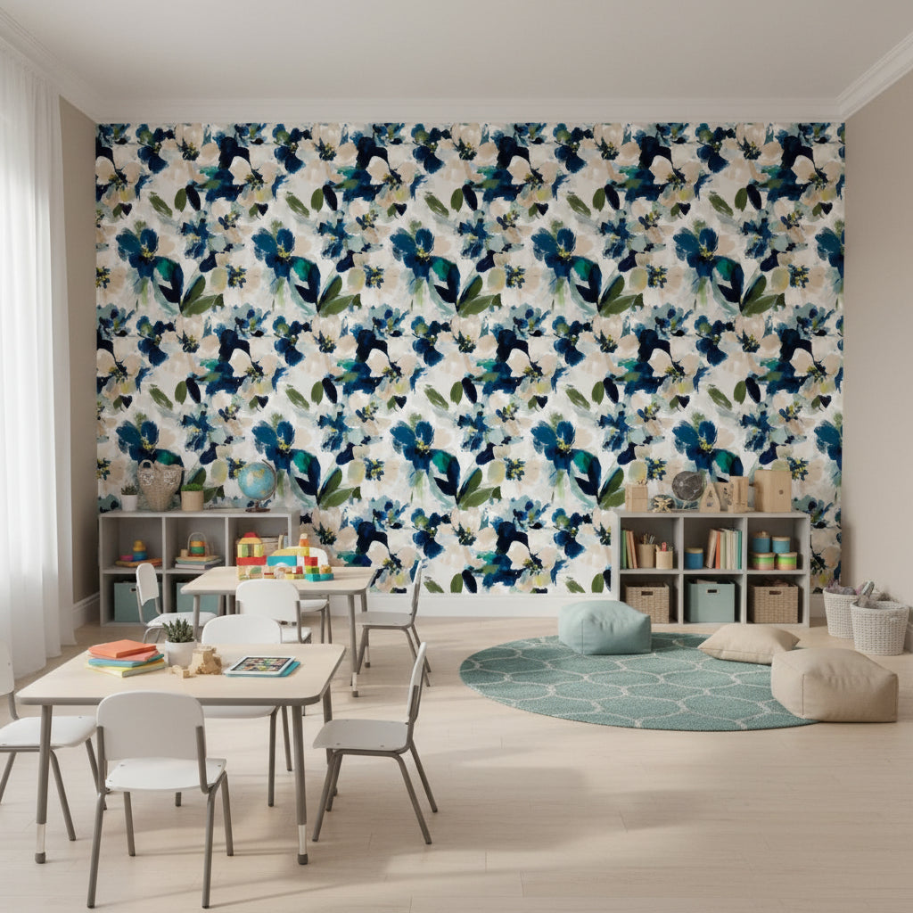 White and Indigo Large Floral Brushstroke Wallpaper