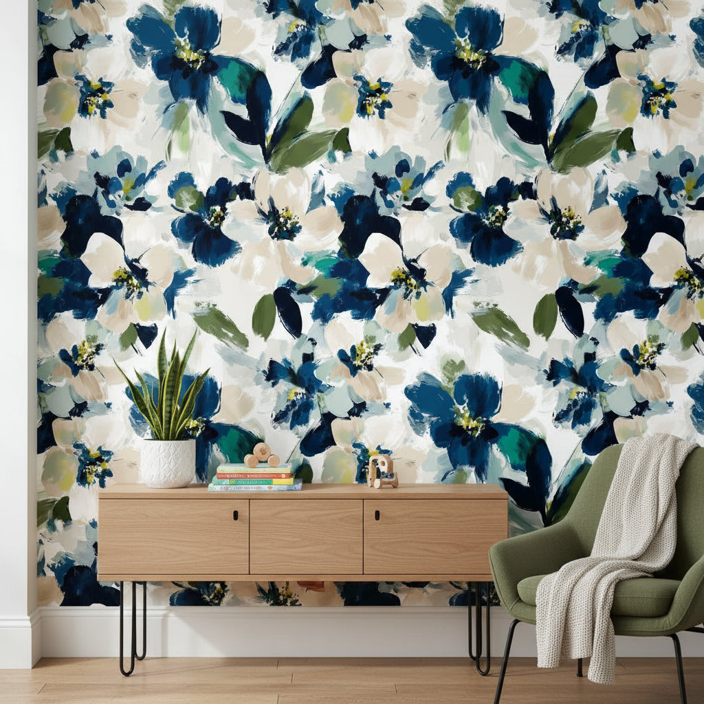 White and Indigo Large Floral Brushstroke Wallpaper