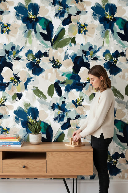 White and Indigo Large Floral Brushstroke Wallpaper