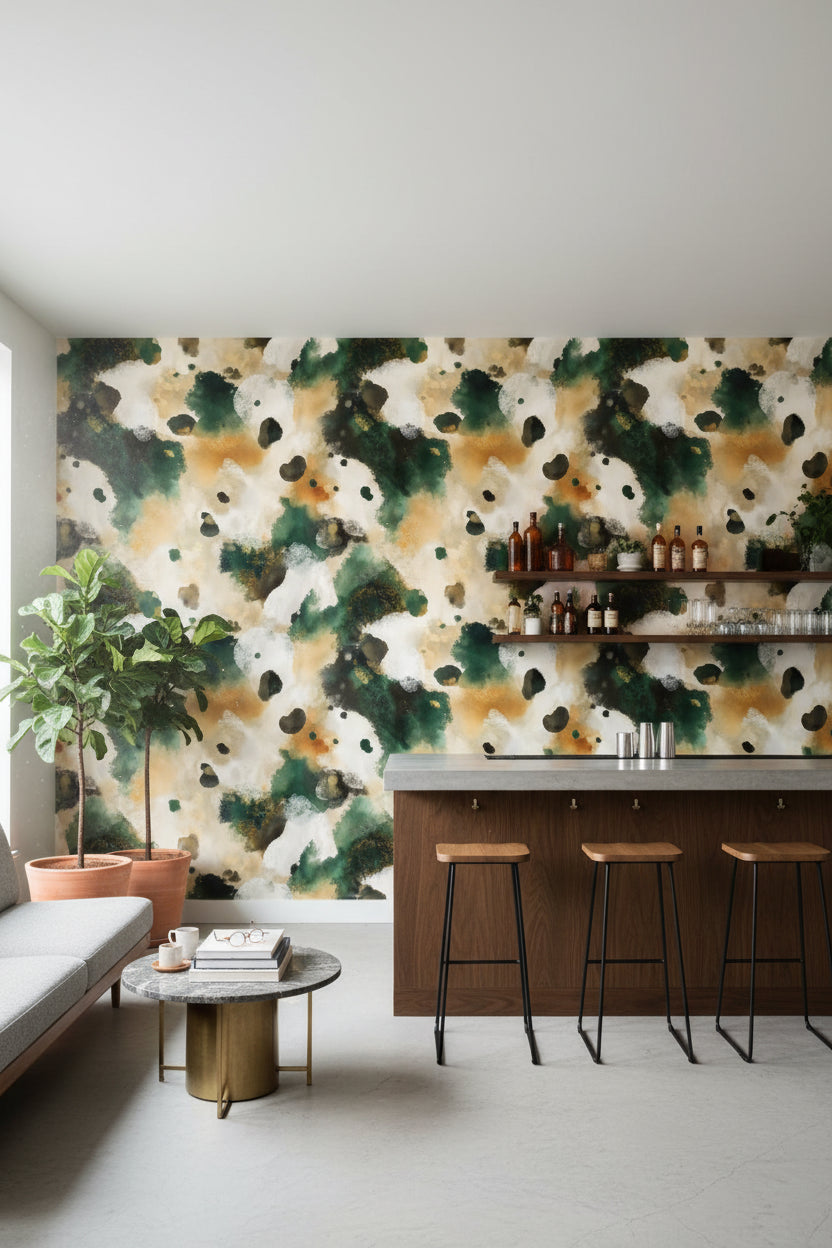 Beige and Forest Green Abstract Pattern Wallpaper