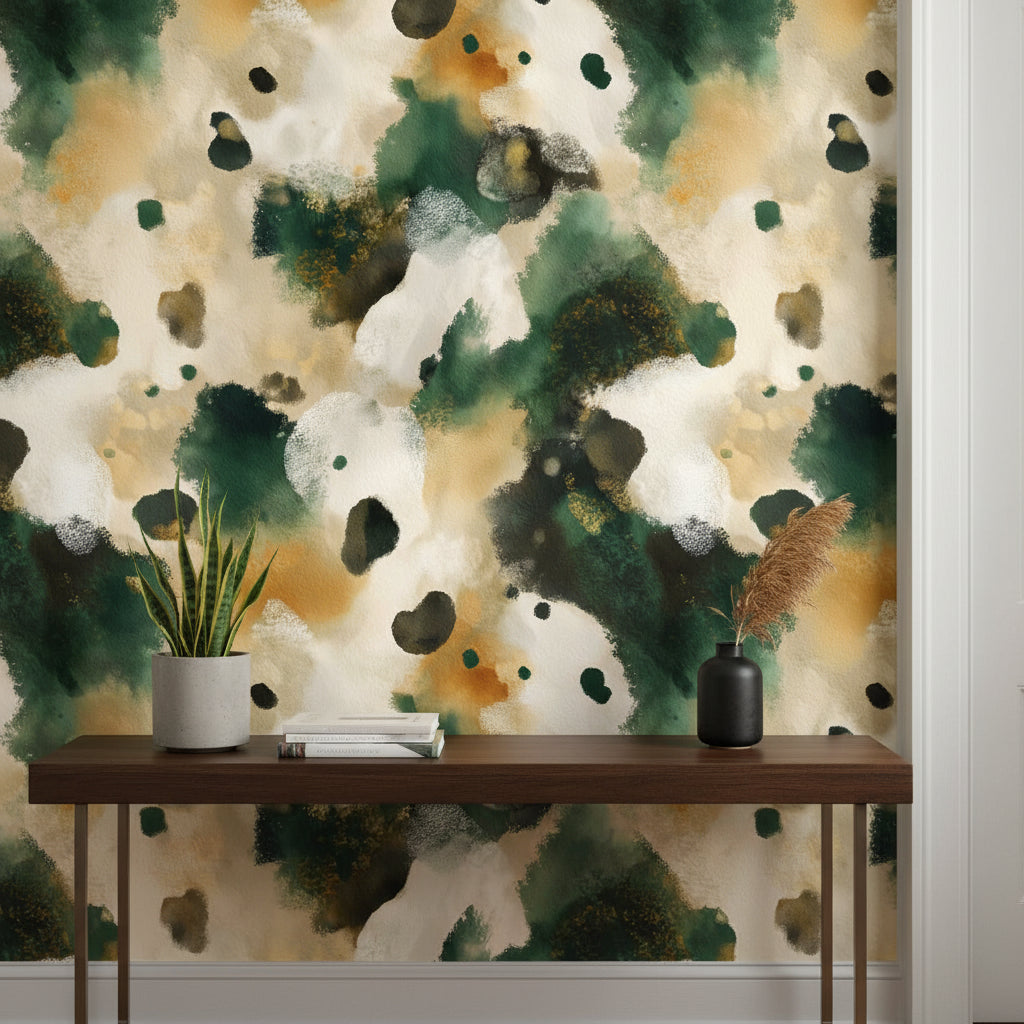 Beige and Forest Green Abstract Pattern Wallpaper