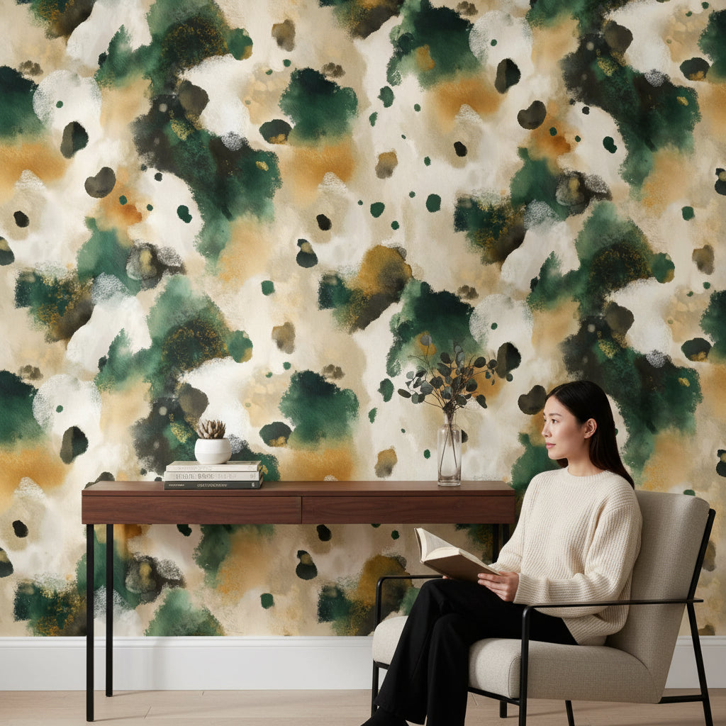 Beige and Forest Green Abstract Pattern Wallpaper
