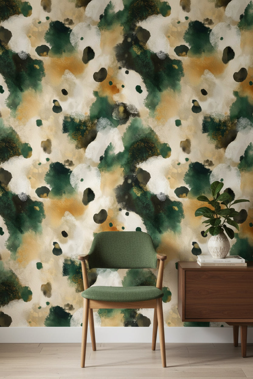 Beige and Forest Green Abstract Pattern Wallpaper