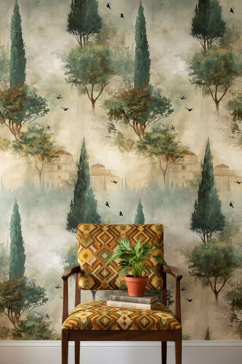 Serene Beige and Green Landscape Wallpaper