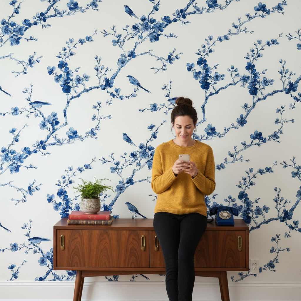 White Background Wallpaper Chinoiserie Floral Wall Mural