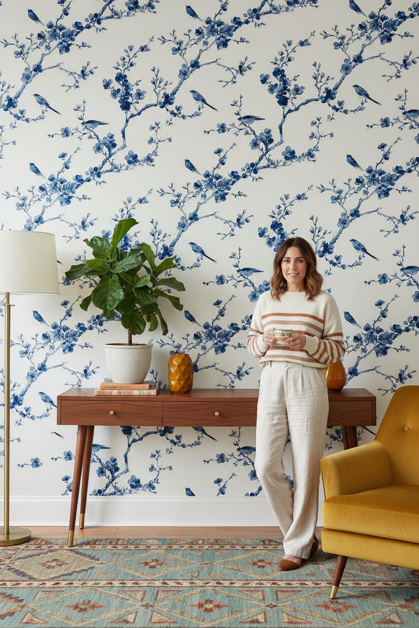 White Background Wallpaper Chinoiserie Floral Wall Mural