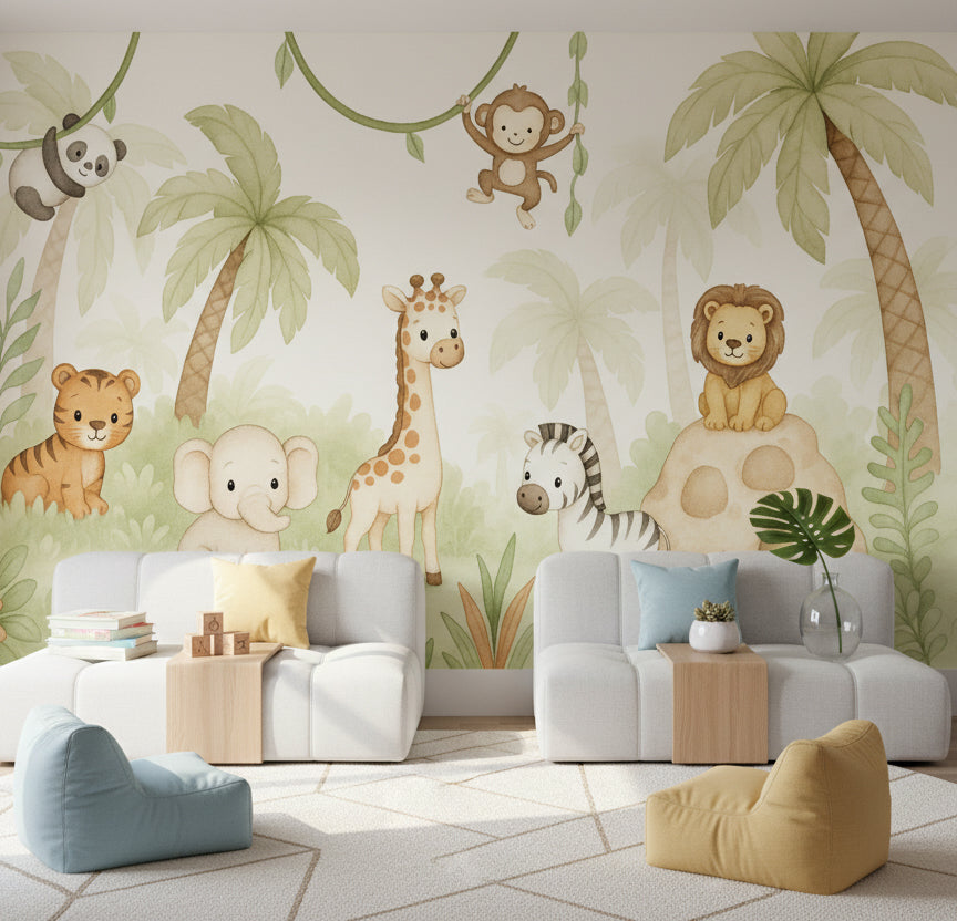 Jungle Wallpaper Animals Cartoon Wall Mural