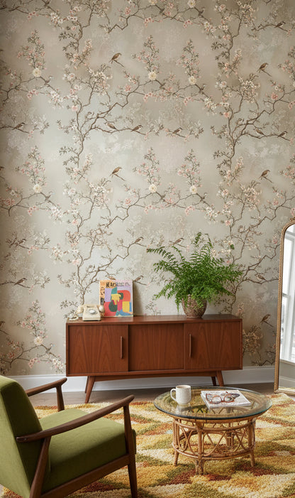 Beige Cherry Blossom Bird Botanical Wallpaper