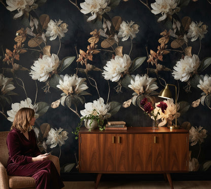 Elegant Ivory Floral on Deep Black Wallpaper