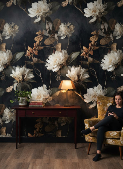 Elegant Ivory Floral on Deep Black Wallpaper