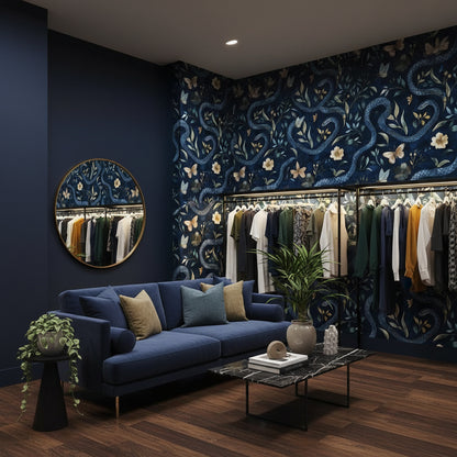 Navy Blue Serpentine Wildflower Wallpaper