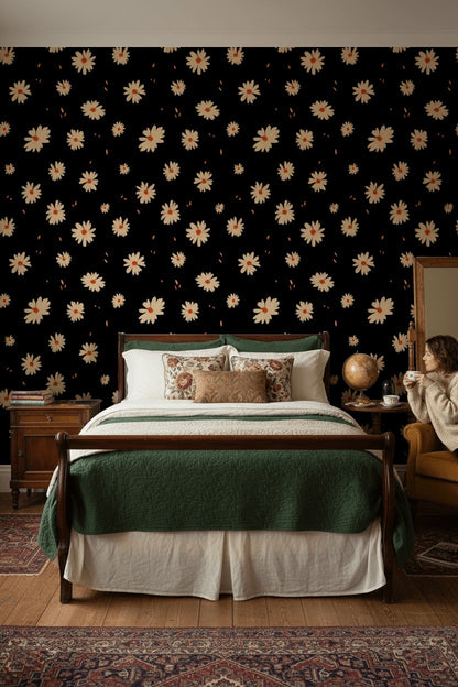 Black and Cream Daisy Floral Wallpaper