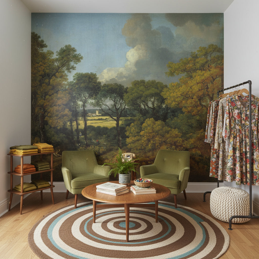Vintage Green Forest Scene Landscape Wall Mural