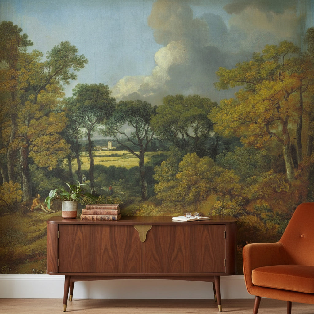 Vintage Green Forest Scene Landscape Wall Mural