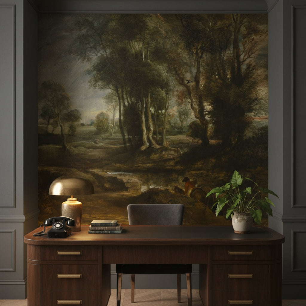 Dark Green Antique Landscape Wall Mural