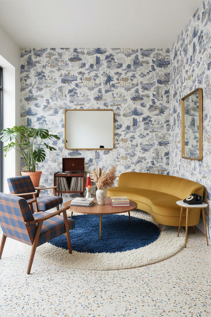 Cream and Blue Vintage Landscape Wallpaper