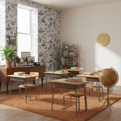 Cream and Blue Vintage Landscape Wallpaper