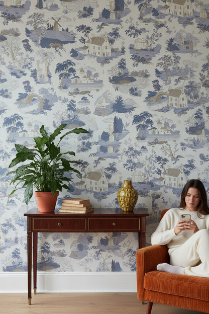 Cream and Blue Vintage Landscape Wallpaper