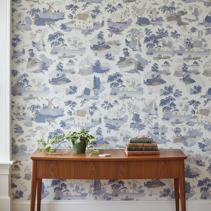 Cream and Blue Vintage Landscape Wallpaper