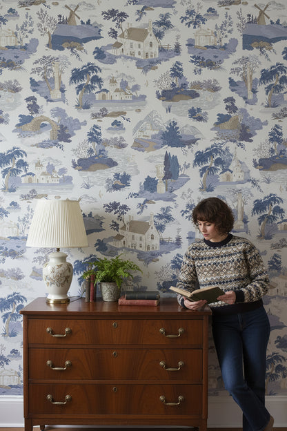 Cream and Blue Vintage Landscape Wallpaper