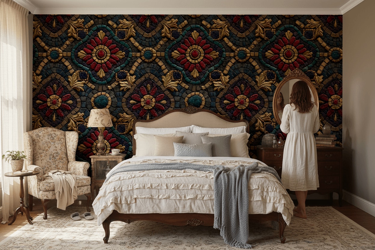 Mosaic Wallpaper Floral Removable Vintage Wall Double Roll