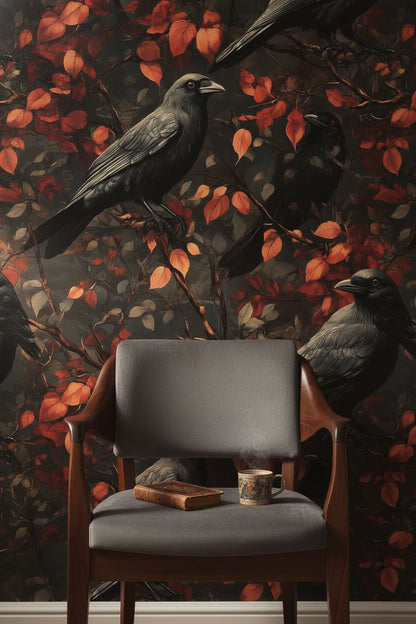 Dark Autumn Crow and Leaves Wallpaper