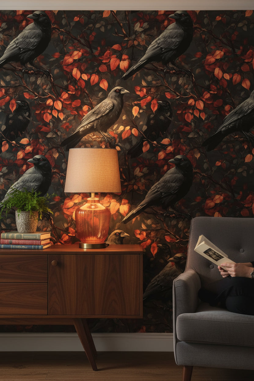 Birds Wallpaper Dark Autumn Decorative Mural