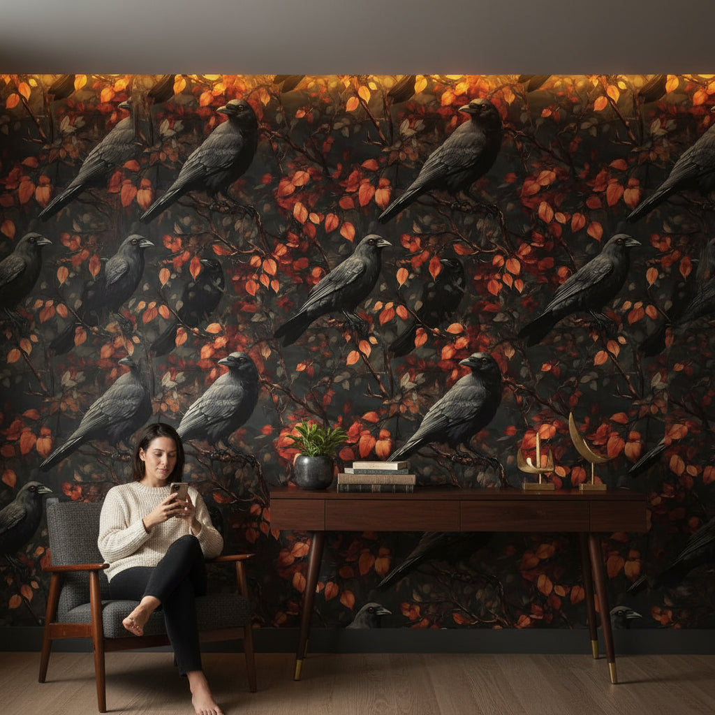 Birds Wallpaper Dark Autumn Decorative Mural