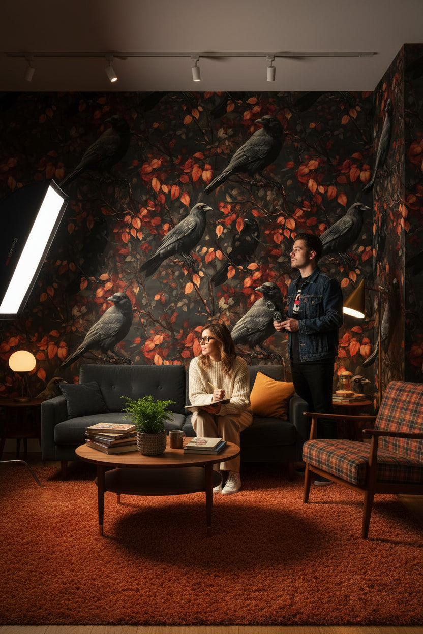 Birds Wallpaper Dark Autumn Decorative Mural