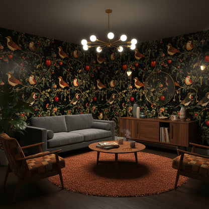 Dark Botanical Elegance with Birds Wallpaper