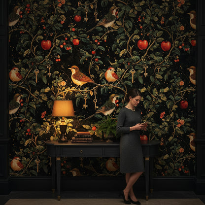 Dark Botanical Elegance with Birds Wallpaper