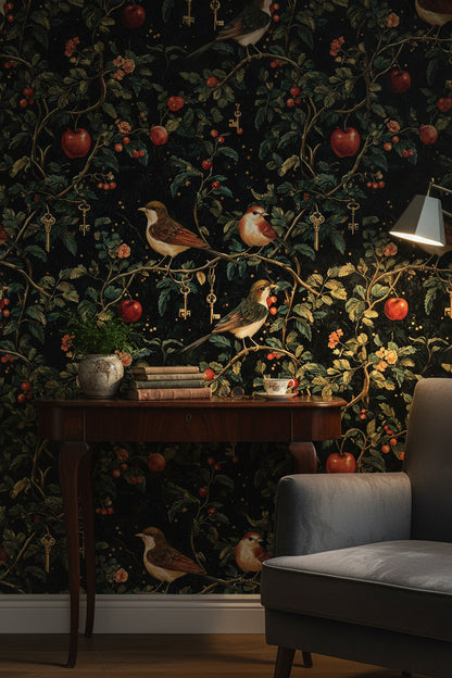 Dark Botanical Elegance with Birds Wallpaper