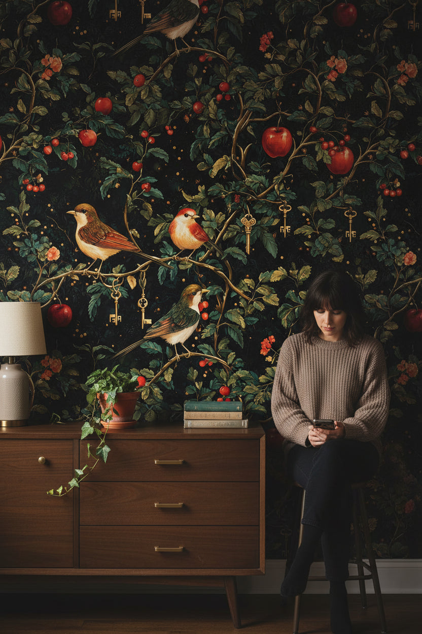 Birds Wallpaper Foliage Mystical Decorative Mural