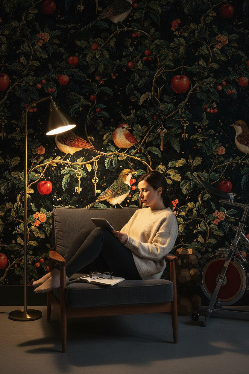 Dark Botanical Elegance with Birds Wallpaper