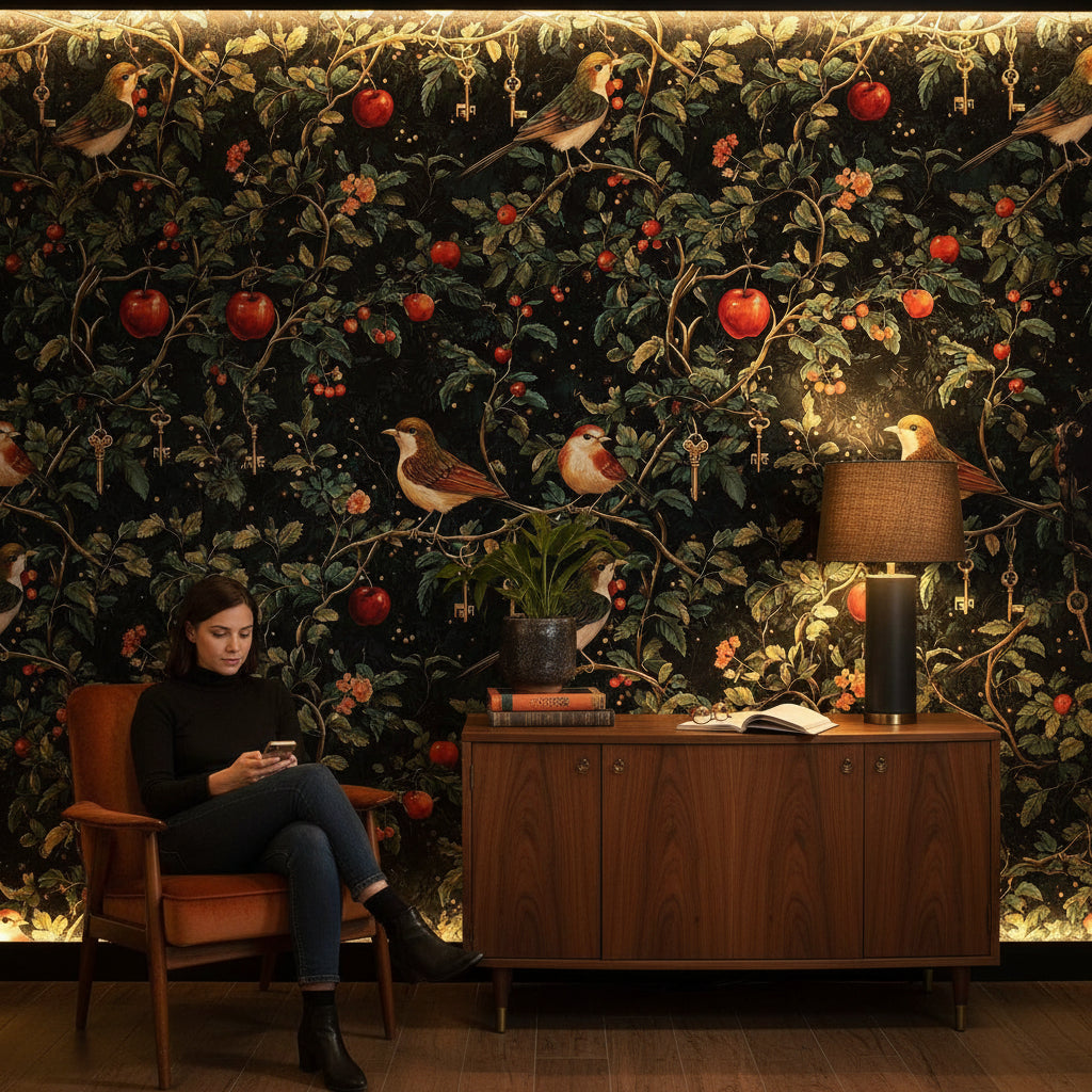 Dark Botanical Elegance with Birds Wallpaper