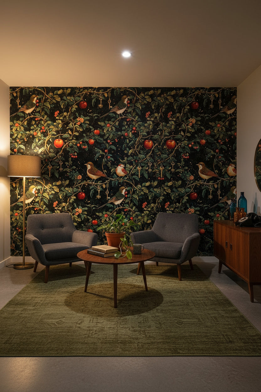 Dark Botanical Elegance with Birds Wallpaper