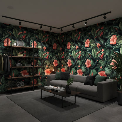 Dark Black Jungle Floral and Bird Wallpaper